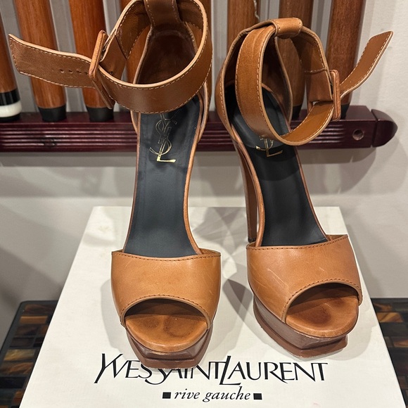 Yves Saint Laurent Shoes - Yves Saint Laurent Brown Leather Platform Ankle-Strap Heels